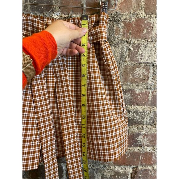 LOTTIE MOSS • Burnt Orange Brown/White Plaid High Waist Belted Paper Bag Shorts - Picture 2 of 11